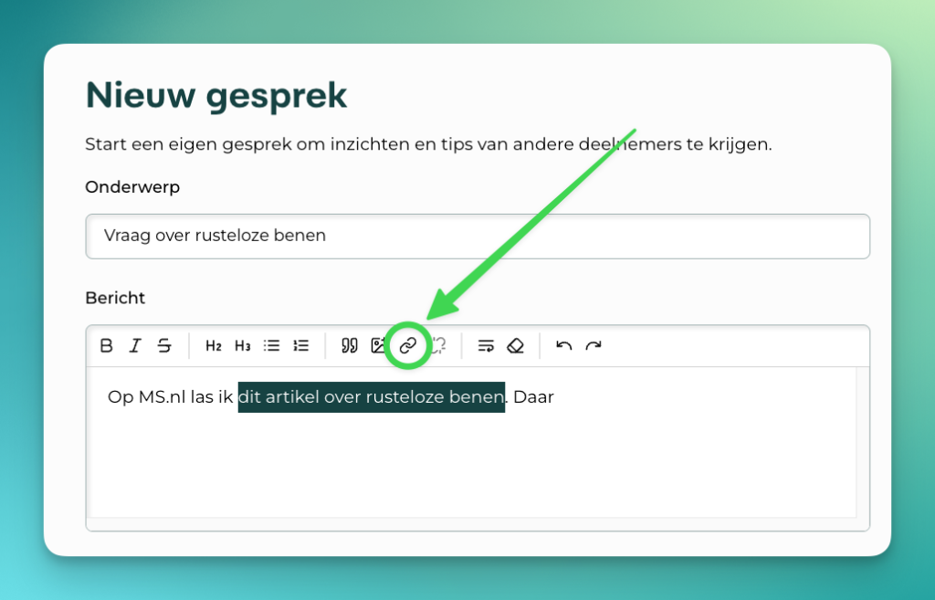 Screenshot van de pagina waar je een gesprek kunt starten, met het 'link toevoegen' icoon visueel gemarkeerd.
