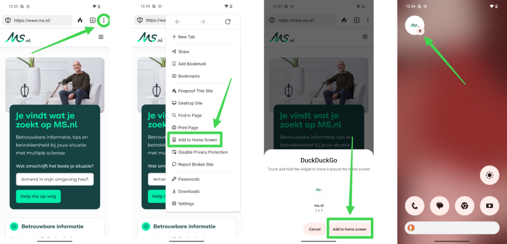 Stappen in screenshots van hoe je MS.nl als icoon aan je startscherm op Android toevoegt.