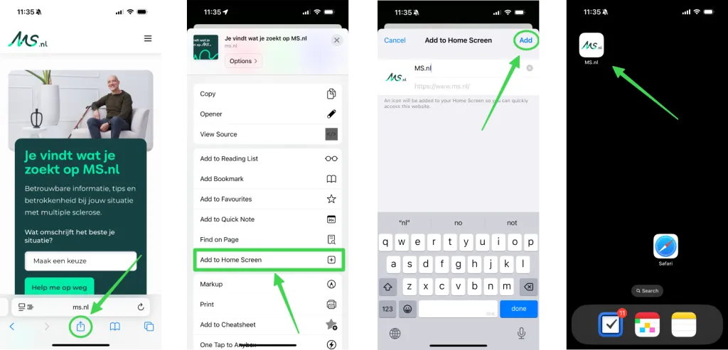 Stappen op iPhone om MS.nl als snelkoppeling op je beginscherm toe te voegen