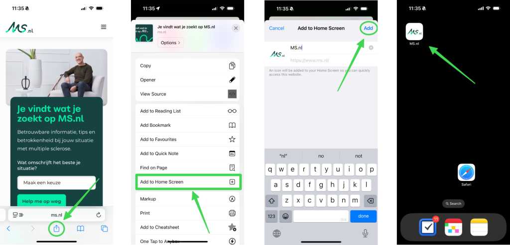 Stappen op iPhone om MS.nl als snelkoppeling op je beginscherm toe te voegen