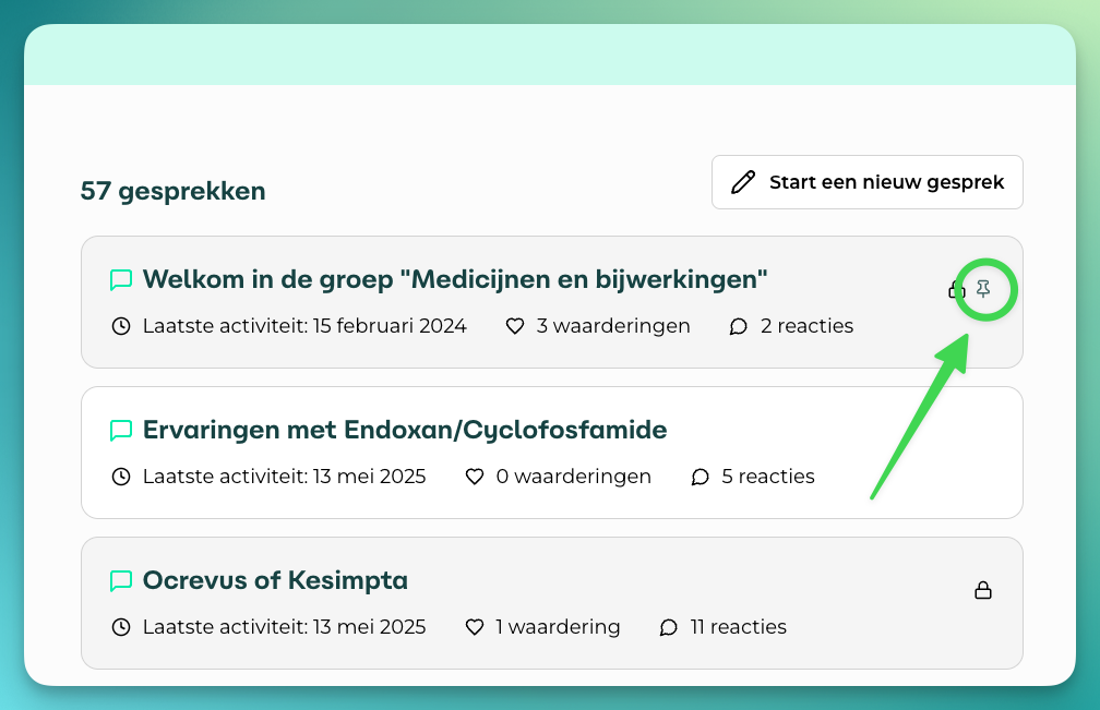 Uitgelichte gesprekken in een groep tonen een uitgelicht pin-icoon