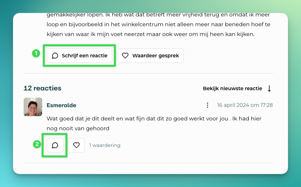 Reageren in community kan op 2 manieren: op het startbericht en op reactie