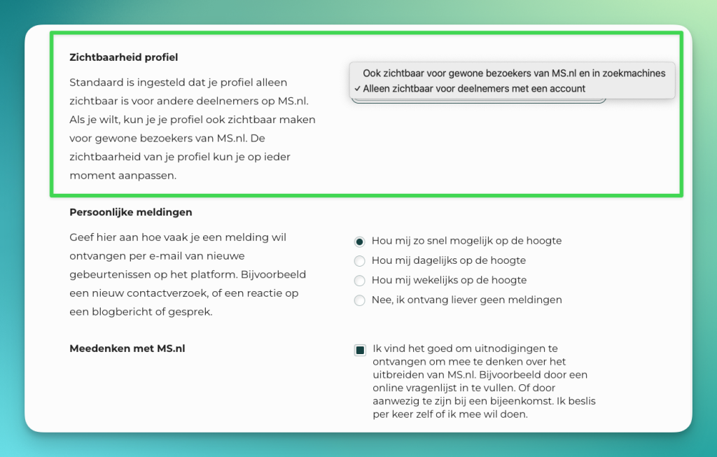 Screenshot van de zichtbaarheid profiel-instellingen in je account op MS.nl